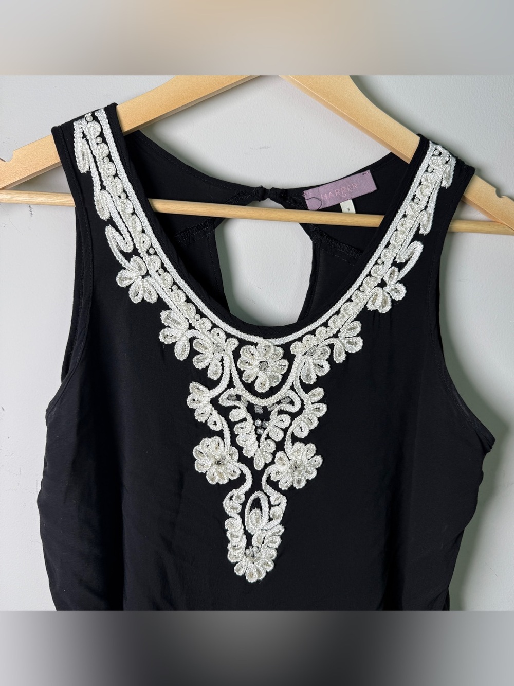 Harper Black Beaded Embroidered Necklace Detail Tank | Boho Glam Open Back | S